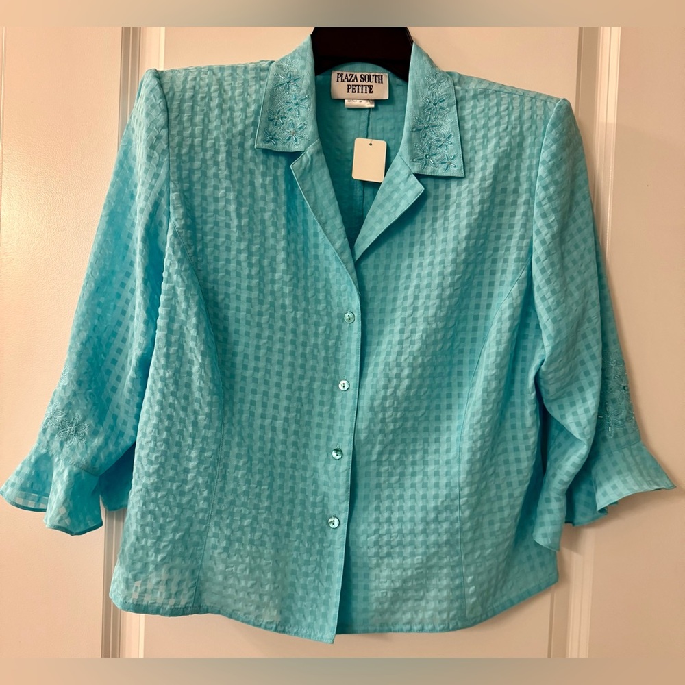 #2802 - Plaza South Petite Aqua Bling Embroidered Fluted Sleeve Blouse Jacket